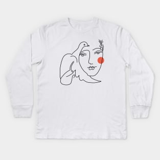 Line art of woman face and bird Kids Long Sleeve T-Shirt